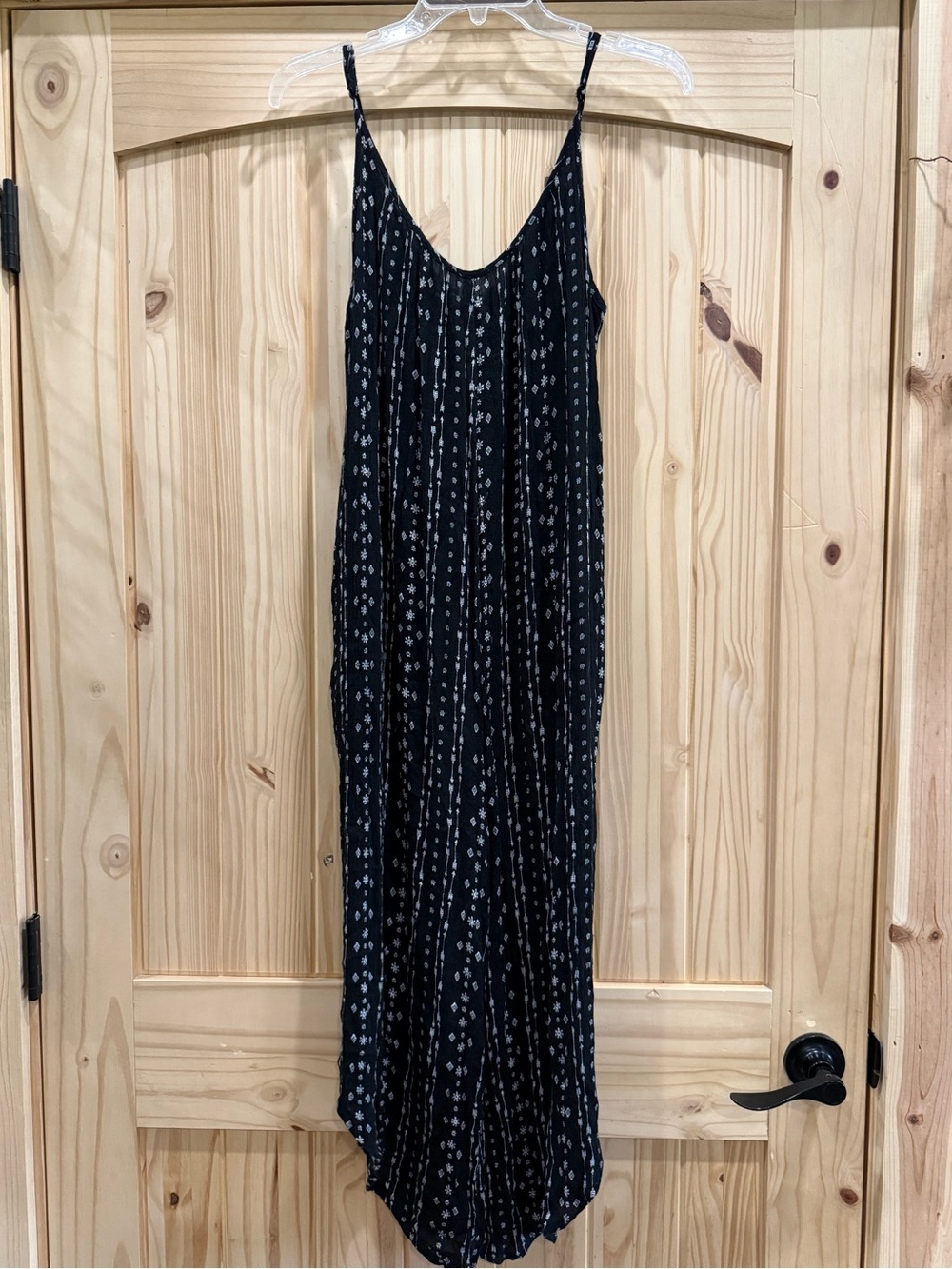 Hem & Thread Black Printed Spaghetti-Strap Jumper with Pockets